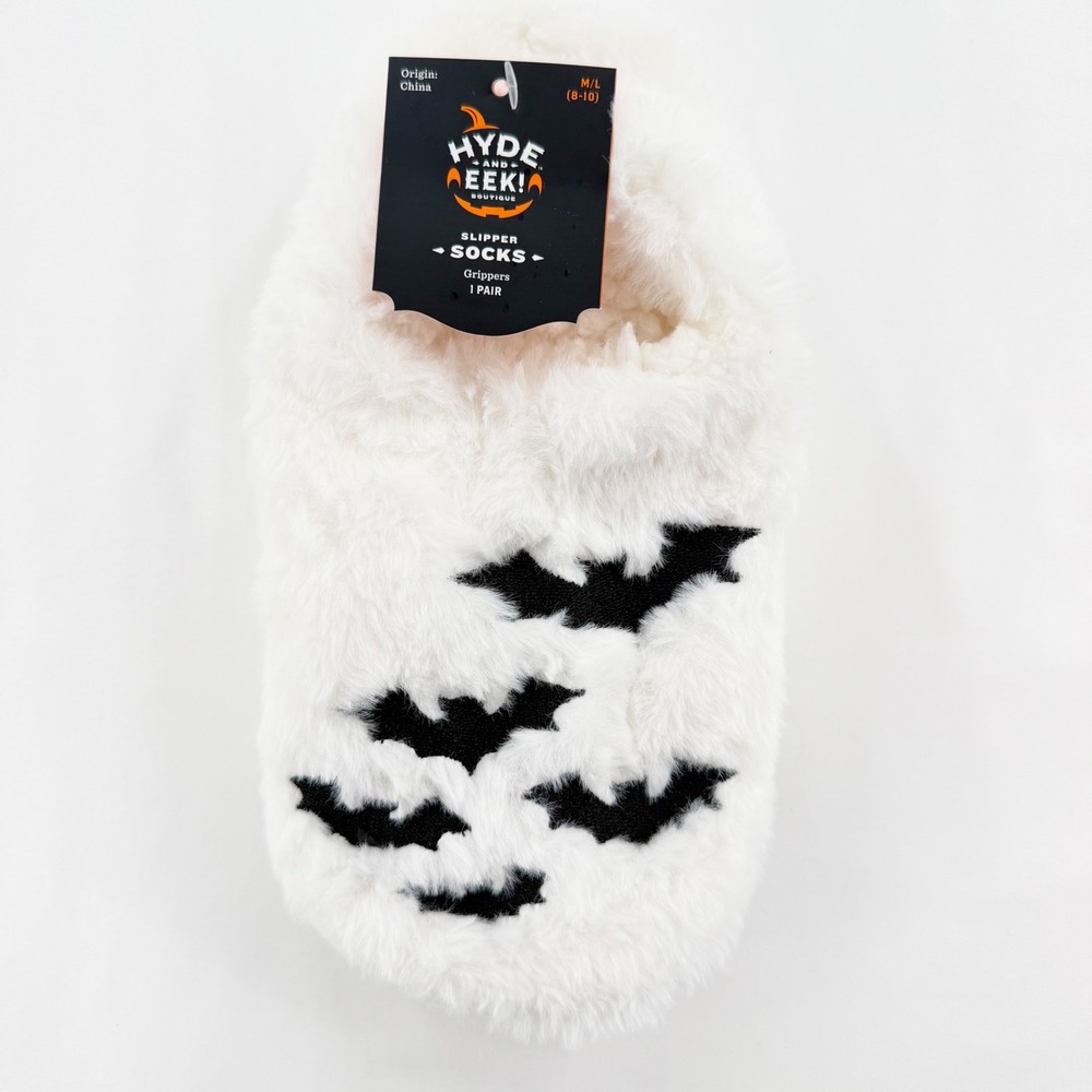 Hyde and Eek Boutique Halloween Bat Slipper Socks Ivory Black Faux Fur M/L 8-10